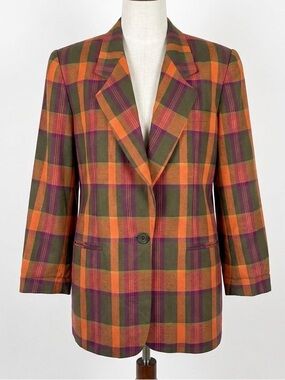 80s Vintage Pappagallo Blazer Size 12 Bold Plaid Single Button Structured Jacket